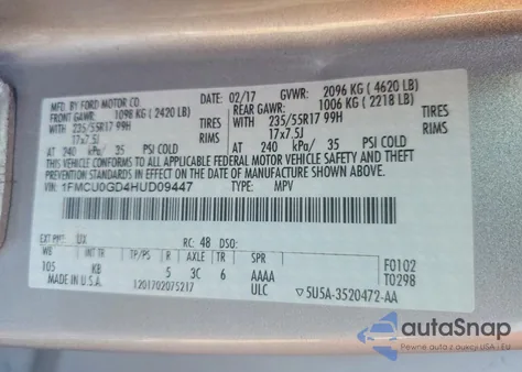 2017 Ford Escape Se from USA, damaged, VIN 1FMCU0GD4HUD09447